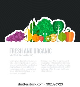 Healthy eating vector concept with flat fruits, vegetables and copyspace. Diet and organic food template. Great for healthy magazines, cooking web sites and restaurant newsletters.
