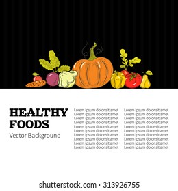 Healthy eating vector concept with flat fruits, vegetables. Diet and organic food template. Great for healthy magazines, cooking web sites and restaurant newsletters