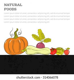 Healthy eating vector concept with flat fruits, vegetables. Diet and organic food template. Great for healthy magazines, cooking websites and restaurant newsletters
