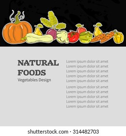 Healthy eating vector concept with flat fruits, vegetables. Diet and organic food template. Great for healthy magazines, cooking web sites and restaurant newsletters