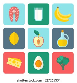 Healthy eating vector icons set, flat style design