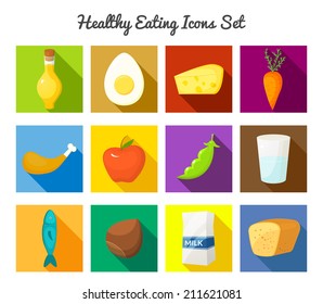 Healthy eating vector rectangular icons with long drop shadows set in flat style