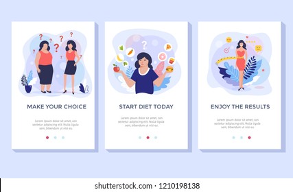 Healthy eating for weight control. Food friendly and  diet plan concept illustration, perfect for banner, mobile application. 