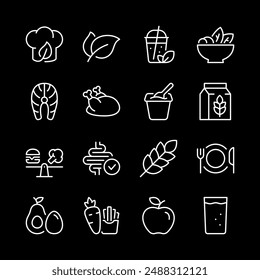 Healthy eating, white line icons. Nutritious food choices like salads, fish, chicken, dairy products, and plant-based milk. health and wellness themes. Symbols on black background. Editable stroke