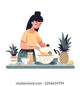 Healthy eating women cooking pineapple meal isolated