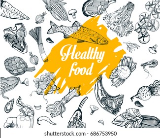 Healthy eating,vegetables, seafood,meat, fruit , vector, isolated, hand graphics, on a white background