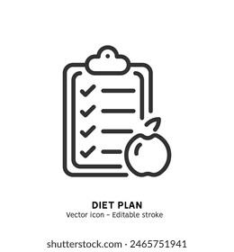 Healthy eco diet plan line icon. Fresh organic vegetable. Woman planning diet with fruit and vegetable. Flat outline icon of healthy food, meal planning, nutrition consultation, balance diet