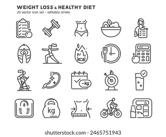 Healthy eco diet plan line icon set. Fresh organic vegetable. Woman planning diet with fruit and vegetable. Flat outline icons of healthy food, meal planning, nutrition consultation, balance diet