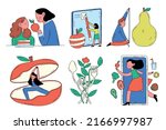 Healthy eco diet plan vector illustration. Fresh organic vegetable. Woman planning diet with fruit and vegetable. Concept of healthy food, meal planning, nutrition consultation, balance diet program.