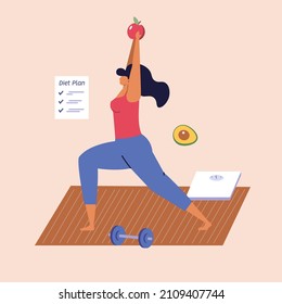 Healthy eco diet plan vector illustration. Fresh organic vegetable. Woman planning diet with fruit and vegetable. Concept of healthy food, meal planning, nutrition consultation, balance diet program