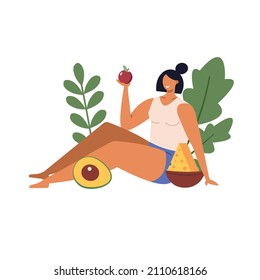 Healthy eco diet plan vector illustration. Fresh organic vegetable. Woman planning diet with fruit and vegetable. Concept of healthy food, meal planning, nutrition consultation, balance diet program