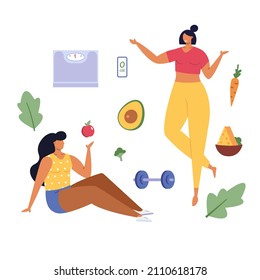 Healthy eco diet plan vector illustration. Fresh organic vegetable. Woman planning diet with fruit and vegetable. Concept of healthy food, meal planning, nutrition consultation, balance diet program