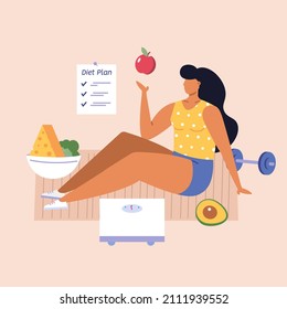 Healthy eco diet plan vector illustration. Fresh organic vegetable. Woman planning diet with fruit and vegetable. Concept of healthy food, meal planning, nutrition consultation, balance diet program