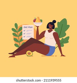 Healthy eco diet plan vector illustration. Fresh organic vegetable. Woman planning diet with fruit and vegetable. Concept of healthy food, meal planning, nutrition consultation, balance diet program