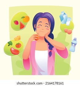 Healthy eco diet plan vector illustration. Fresh organic vegetable. Woman planning diet with fruit and vegetable. Concept of healthy food, meal planning, nutrition consultation, balance diet program