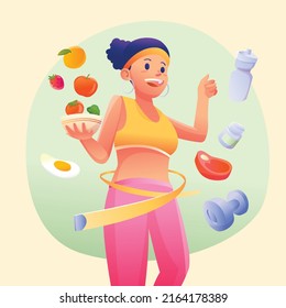 Healthy eco diet plan vector illustration. Fresh organic vegetable. Woman planning diet with fruit and vegetable. Concept of healthy food, meal planning, nutrition consultation, balance diet program