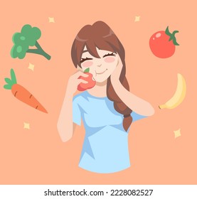 Healthy eco diet plan vector illustration. Fresh organic vegetable. Woman planning diet with fruit and vegetable. Healthy food, meal planning,balance diet program