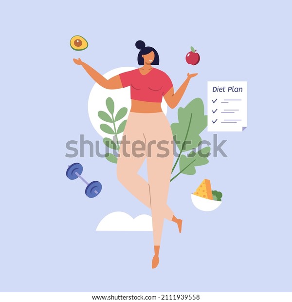 Healthy eco diet plan vector illustration. Fresh\
organic vegetable. Woman planning diet with fruit and vegetable.\
Concept of healthy food, meal planning, nutrition consultation,\
balance diet program