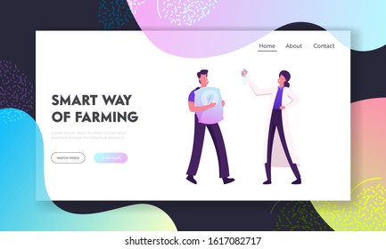 Healthy Eco Food Website Landing Page. Farmer and Scientist Working at Hydroponics Nursery Farm or Greenhouse Seeding and Cultivating Ecological Plants Web Banner. Cartoon Flat Vector Illustration