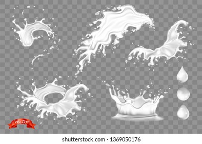 Healthy eco vector illustrations for promo design. Set of 3D milk splash crown and pouring, realistic natural dairy products, yogurt or cream on transparent background. Cream drops, blots icons. 