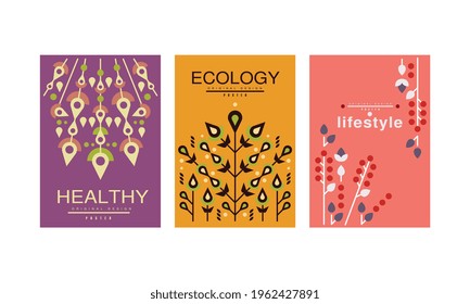 Healthy Ecology Lifestyle Card Templates Set, Environmental Protection Banners with Floral Design Vector Illustration