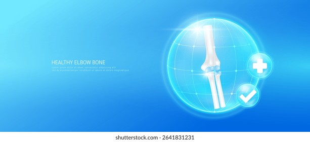 Healthy elbow bone within bubble dome transparent with check mark and plus sign on blue background. Strong leg cartilage joint anatomy. Medical health care concept. 3D Vector EPS10.