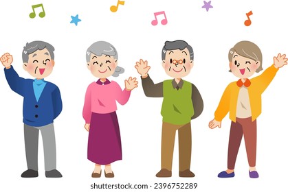 Healthy elderly people waving cheerfully