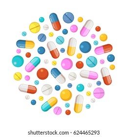 Healthy elements in circle shape background. Vector icons of drugs, long tablets and round pills. Drug pill and tablet, illustration of colored pharmaceutical capsule and tablet vitamin