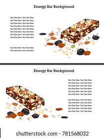 Healthy enegry bar with some dried fruits, granola, and nuts on the white background. Text space. Vector illustration. Two composition variants