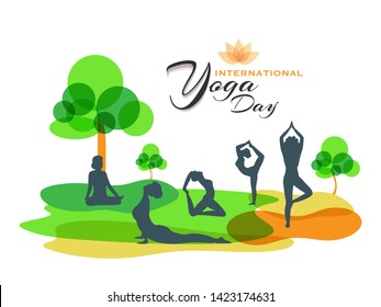 Healthy Environment concept with silhouette of women in different yoga pose for International Yoga Day celebration.