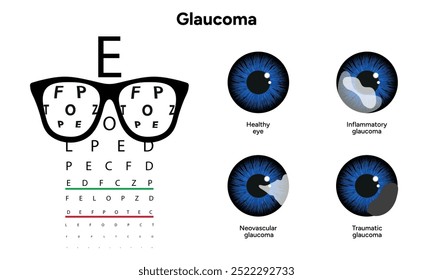 Olho e olho saudáveis com glaucoma. Oftalmologia, exame ocular. Glaucoma inflamatório.
Glaucoma neovascular.
Glaucoma traumático