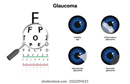 Healthy eye and eye with glaucoma. Ophthalmology eye examination. Inflammatory glaucoma.
Neovascular glaucoma.
Traumatic glaucoma