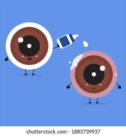 Healthy eye put eye drops to conjunctivitis eye. Kawaii eye character.