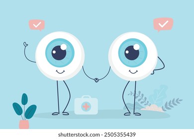 Mascotas de globos oculares saludables sosteniendo la mano de la mano. Atención médica ocular, atención médica y tratamiento. Órgano interno sano. Ojo de la historieta con la cara feliz, oftalmología, cuidado de la vista. Ilustración vectorial