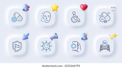 Iconos de la línea de píldoras de cara sana, mineral de aluminio y coronavirus. Botones con campana 3D, discurso de chat, cursor. Paquete de escudo, citas, icono de fronteras cerradas de la UE. App de Covid, pictograma de discapacidad. Vector