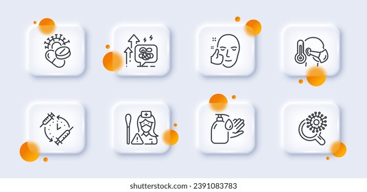 Healthy face, Coronavirus pills and Wash hands line icons pack. 3d glass buttons with blurred circles. Vaccination schedule, Stress grows, Nurse web icon. Vector