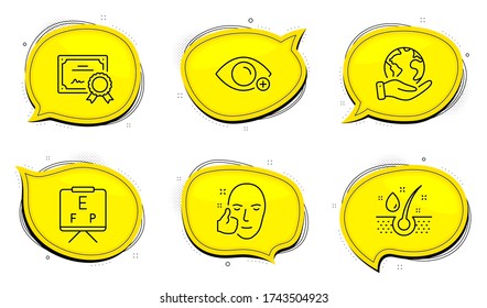 Healthy face sign. Diploma certificate, save planet chat bubbles. Farsightedness, Vision board and Serum oil line icons set. Eye vision, Eye check, Healthy hairs. Medical set. Vector