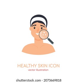 Healthy Facial Glowing Pure Skin Icon. Woman Beauty Face With Magnifier. Young Girl Enjoy Perfect Complexion. Vector Illustration For Dermatology Cosmetology Skincare Natural Cosmetics Advertising.