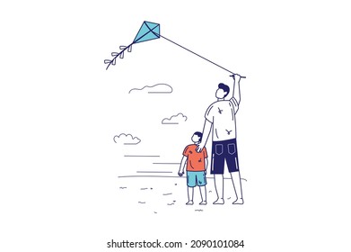 Healthy families concept in flat line design for web banner. Father and son are flying kite and spending time together outdoors, modern people scene. Vector illustration in outline graphic style