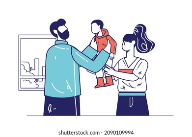 Healthy families concept in flat line design for web banner. Father and mother holding and hugging little son, good relationship modern people scene. Vector illustration in outline graphic style