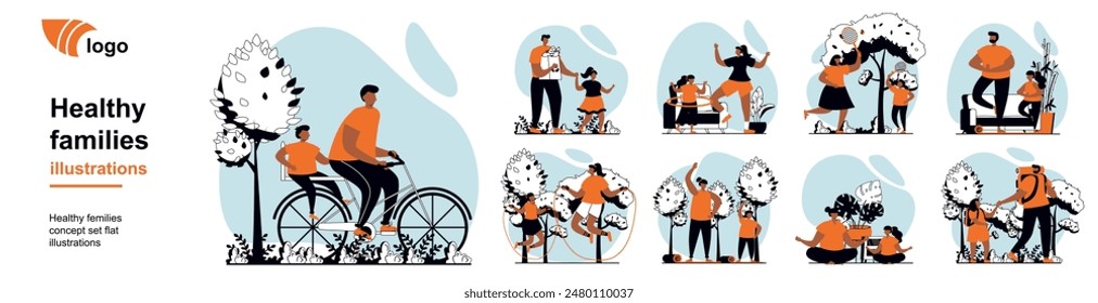 Healthy families concept with people scenes mega set in flat web design. Bundle of character situation with parents with kids shopping, training, playing, hiking, cycling. Vector illustrations.