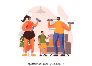 Healthy families web concept in flat design. Happy father, mother and son doing exercises with dumbbell. Parents and child training together at living room. Vector illustration with people scene