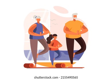 Healthy families web concept in flat design. Happy grandfather, grandmother and granddaughter doing yoga asanas. Grandparents and child training together. Vector illustration with people scene svg