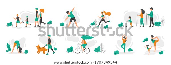 Healthy family. Cartoon people doing sport\
exercises. Men and women riding bicycles and scooters, running or\
roller skating, walking with dogs. Yoga and fitness training.\
Vector outdoor workout\
scenes