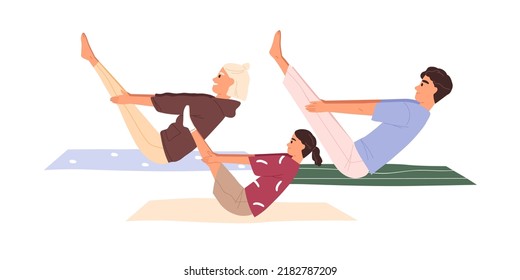 Healthy family with child doing sports exercises together. Parents and kid stretching on mats. Workout of mother, father, and daughter. Flat graphic vector illustration isolated on white background