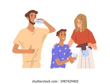 Healthy family with child drinking water together. Mother with filter jug, kid with glass. Parents set good example to their son. Colored flat vector illustration isolated on white background