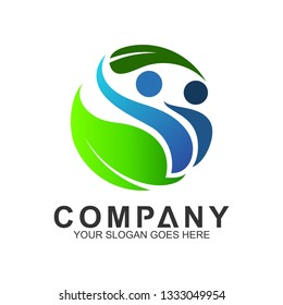 healthy family in circle shape with leaf vector logo design, family care, health and caring, clinic and pharmacy icon, family nutrition, hospital and wellness symbol