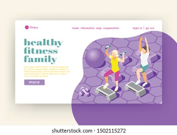 Healthy family fitness isometric landing page with female characters doing exercises in gym hall flat vector illustration