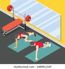 Healthy family fitness isometric poster with father teaching his son to do push ups in gym hall flat vector illustration