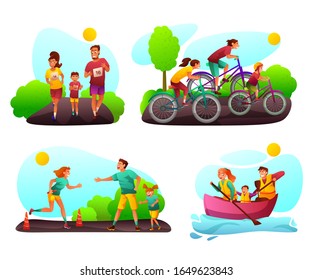 Healthy family hobbies vector illustrations set. Happy parents jog with little son. Cartoon mother, father, daughter riding bicycles, kayaking outdoors. Wife and husband participate in relay race